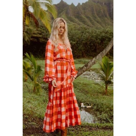 Sundress Isla Gingham Tiered Modal Maxi Dress Cream Coral Size XS/S - Picture 2 of 15